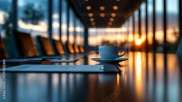 Fototapeta luxurious boardroom table with business documents and coffee cups, serious tone, elegant decor, ultra-realistic finish, balanced lighting, medium close-up