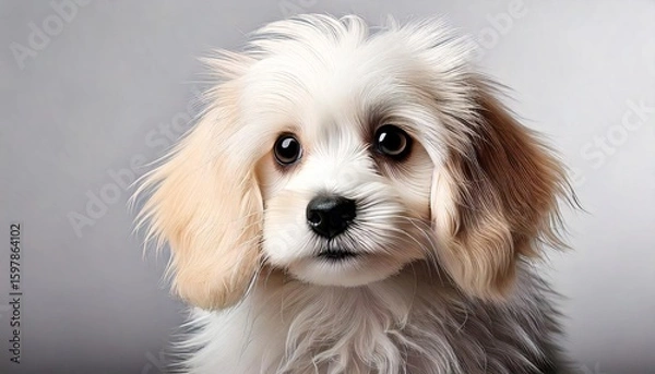 Obraz White and brown puppy gazing directly, soft fur highlighting youthful, innocent expression against minimalist gray backdrop