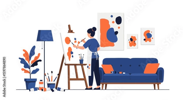 Fototapeta Creative Hobby: A Woman Paints Abstract Art In A Cozy Minimalist Studio