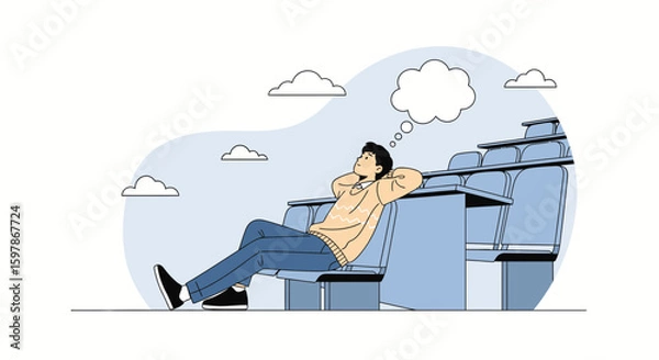 Fototapeta Daydreaming Student Relaxing In Lecture Hall Between Classes During Summer Season