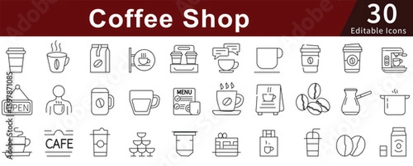 Fototapeta Coffee Shop Line Icons Set with Editable Stroke for Cafe, Espresso, Barista, and Coffee Business