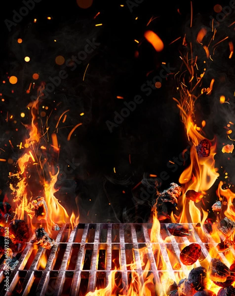 Fototapeta Bbq Grill - Embers Or Barbecue In Motion With Flames And Jumping Coal With Abstract Sparks - Fire On Charcoal In Night