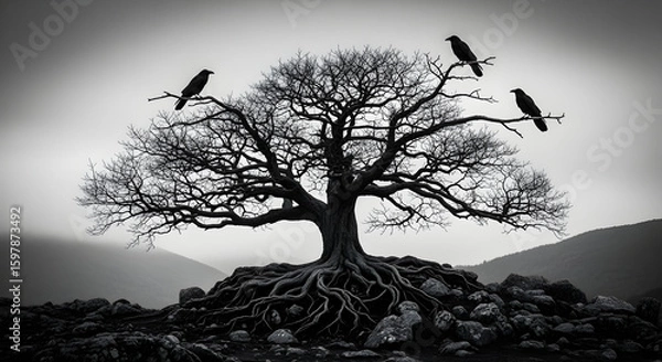Fototapeta Stark landscape features a bare tree with three crows perched on branches