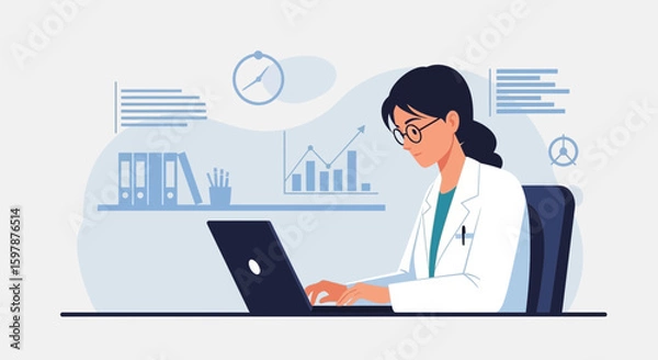 Fototapeta Doctor Analyzes Data On Laptop In Clinic Working On Health Report