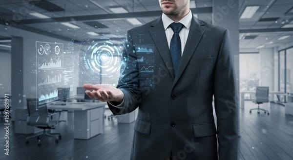 Fototapeta 都会のビジネスマン クールな青色光 未来技術を掌に