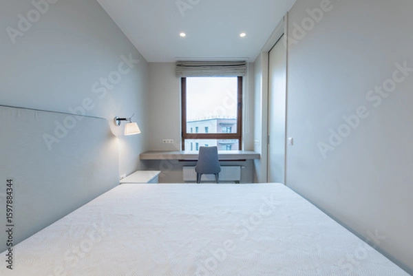 Fototapeta Minimalism Bedroom Interior. Window, Chair and Table in Background.