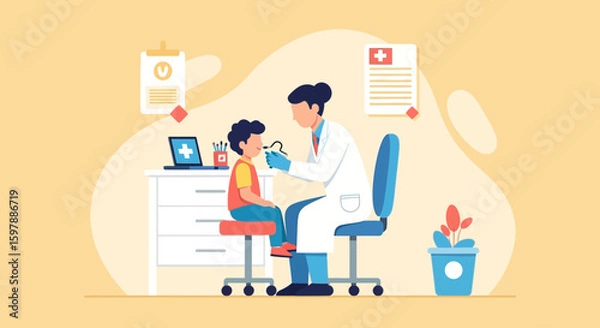 Fototapeta Pediatrician Examining A Child With An Otoscope During A Medical Consultation