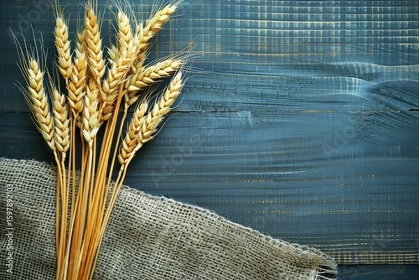 Obraz Charming rustic scene with barley ears and burlap napkin, ideal for personalized text display