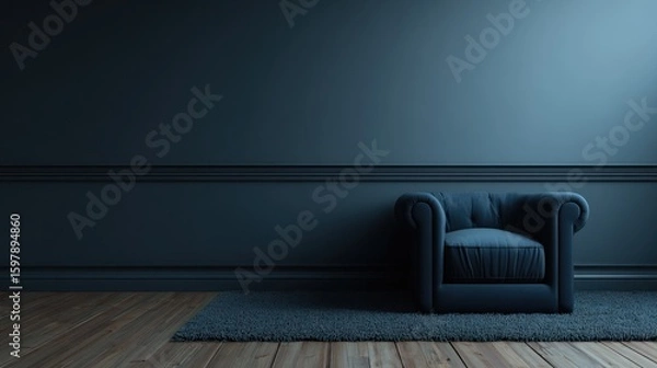 Fototapeta Dark moody room with deep blue armchair