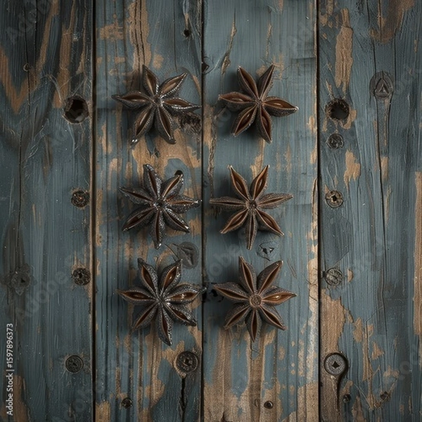 Obraz Artfully arranged anise star cookies on a rustic wooden surface from an aerial perspective