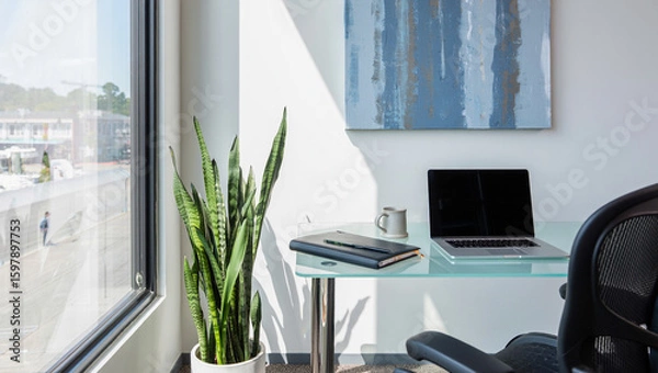 Obraz Modern Office Desk with Laptop, Minimalist Workspace and Home Office Setup