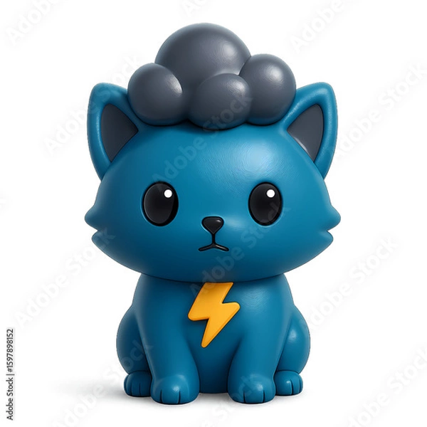 Obraz Stylized 3D cartoon cat in dark blue with lightning-bolt chest emblem. Glossy finish and expressive eyes—ideal for superhero or weather theme assets