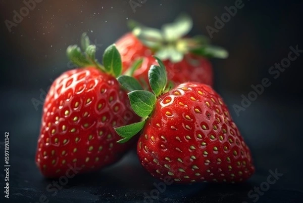 Obraz Close up of luscious ripe strawberries on a dark background in dramatic low key photography