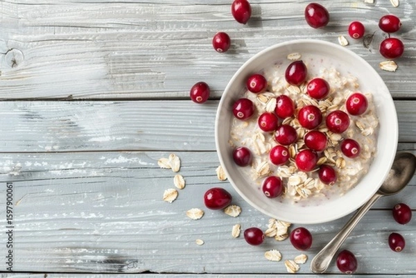 Obraz Healthy breakfast idea  oat flakes topped with fresh cranberries on a rustic wooden surface