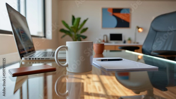Obraz Modern Office Desk with Laptop, Minimalist Workspace and Home Office Setup