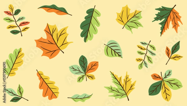 Fototapeta Vector design with simple stylized oak and maple leaves in an autumn palette. It is ideal for printing on children's textiles, bedding, postcards and for scrapbooking. A set of autumn branches and lea