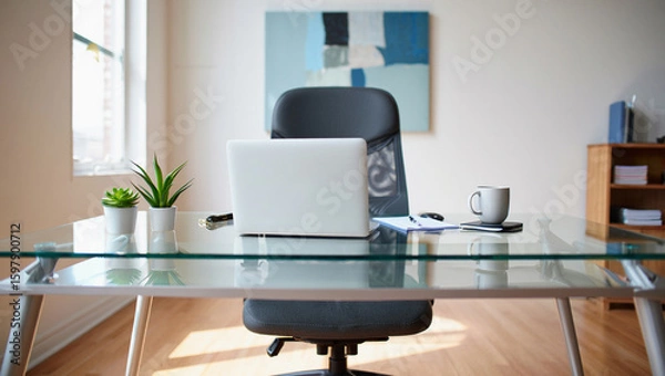 Obraz Modern Office Desk with Laptop, Minimalist Workspace and Home Office Setup