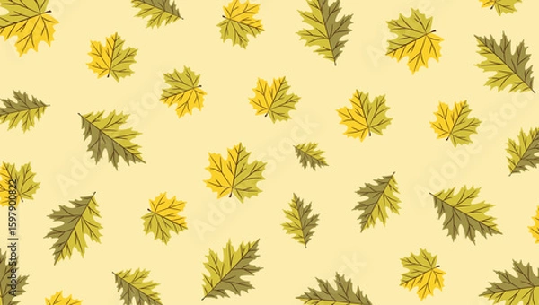 Fototapeta Autumn seamless pattern with cartoon leaves on a cream background. This minimalistic vector design includes stylized maple and oak leaves in autumnal shades of yellow and green. Autumn background.