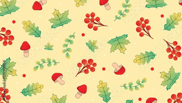 Fototapeta Seamless vector pattern with autumn elements on a pastel background. Handmade cartoon illustrations include maple and oak leaves, mountain ash branches, and mushrooms. Ideal for textiles, wallpaper, s
