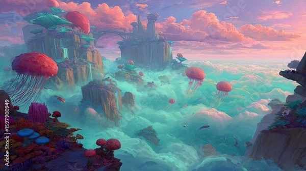 Fototapeta Pixelated Floating Islands Fantasy Landscape Sunset