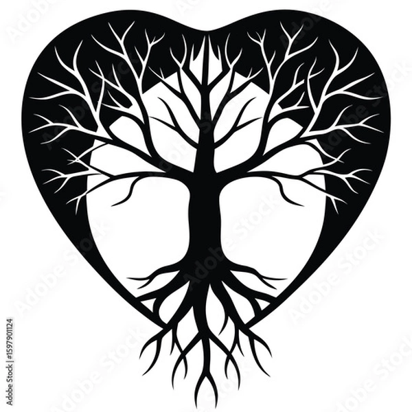 Obraz A Tree Silhouette with Roots Forming the Shape of a Brain