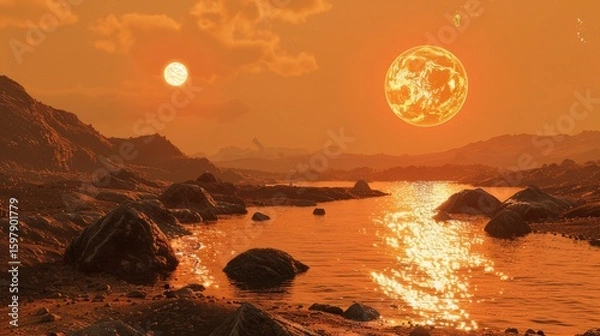 Fototapeta Stunning planetary landscape with crystalline lakes and dual suns brightening the horizon