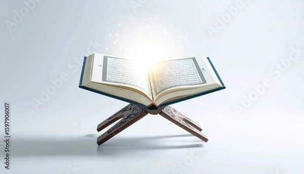 Fototapeta Digital Quran Device Mockup with Glowing Ayah Display on a Wooden Stand in White Background