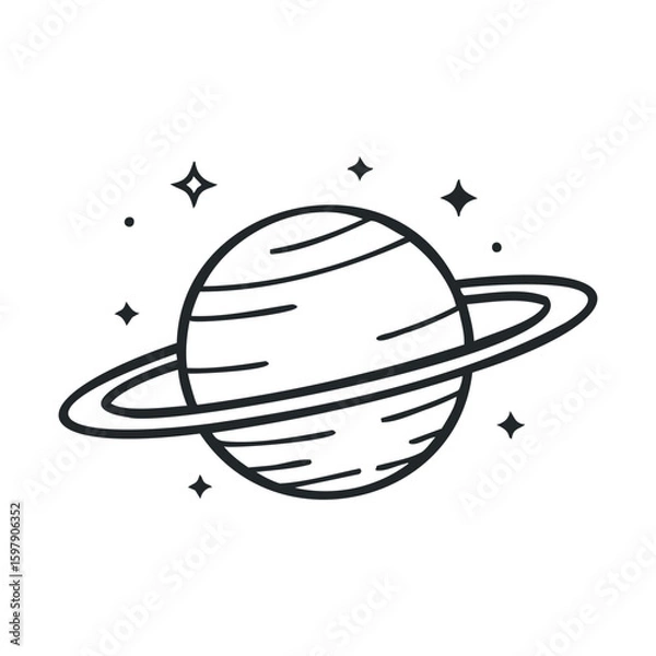 Fototapeta Saturn-like planet illustration with rings and stars in minimalist style