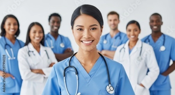 Fototapeta Portrait of a young, happy nurse standing together with healthcare team in the background. Successful team of doctors and nurses smiling