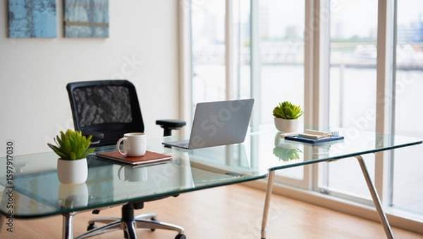 Obraz Modern Office Desk with Laptop, Minimalist Workspace and Home Office Setup
