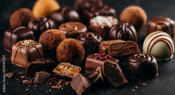 Fototapeta Decadent chocolate collection on a dark background offering a delightful assortment for dessert enthusiasts and sweet cravings.