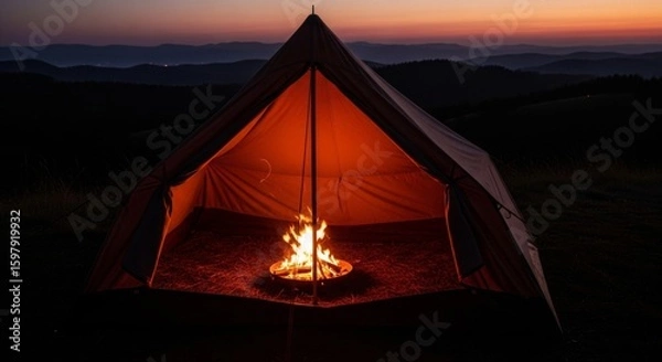 Fototapeta Single Glowing Fire in a Tent on a Hilltop at Night, close up low angle with dawn light
