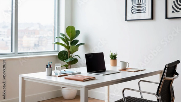 Obraz Modern Office Desk with Laptop, Minimalist Workspace and Home Office Setup