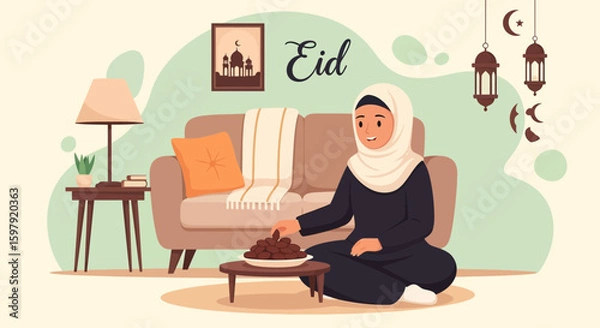 Obraz Celebrating Eid Al Adha Woman In Hijab Enjoying Dates At Home Decoration