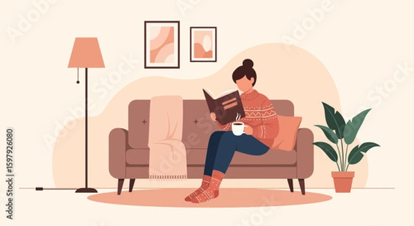 Obraz Cozy Reading Moment Woman Enjoying Book And Coffee In Comfortable Home