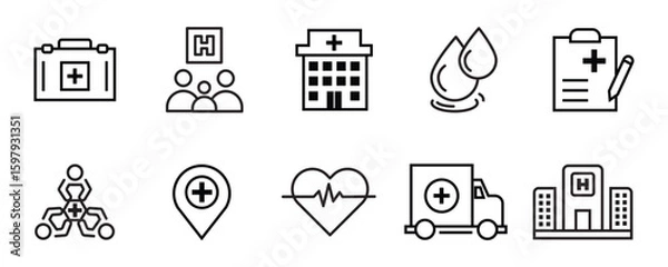 Fototapeta Healthcare set of web icons in line style. Medicine and Health Care linear icon collection. Containing emergency, doctor, treatment, medical, report, diagnosis, health, prevention. Editable stroke