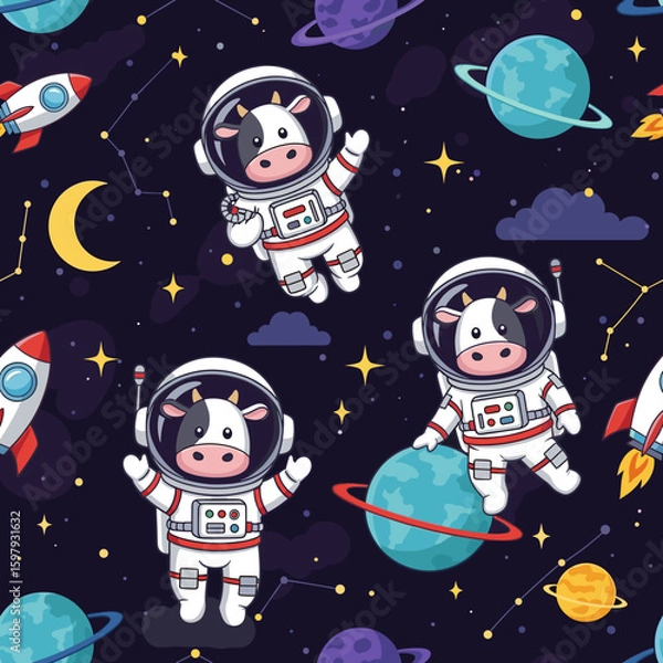 Fototapeta Adorable cows in space suits: A seamless pattern for kids' clothing, fabric, or space-themed projects.