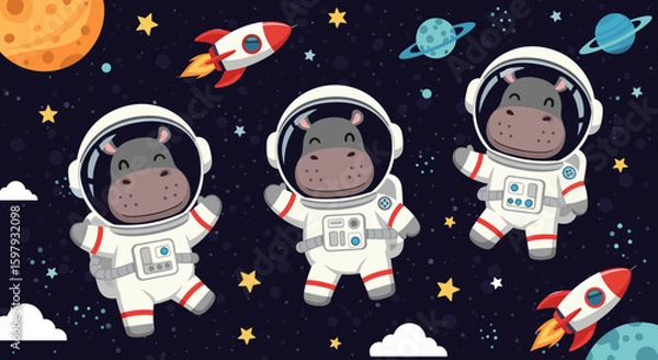Fototapeta Cute Hippos in Space: Perfect for children's books, educational materials, or space-themed designs.
