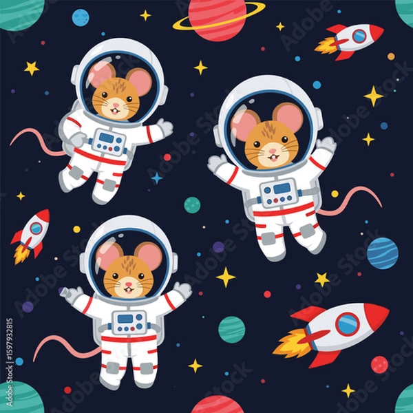 Fototapeta Adorable mice astronauts floating in space, perfect for children's books, textiles, or websites.