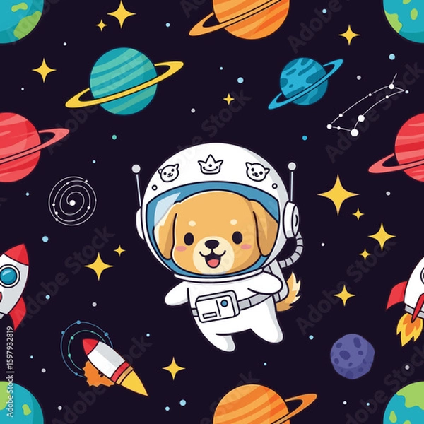 Fototapeta Cute Astronaut Dog Seamless Pattern: Perfect for kids' products, textiles, and space-themed designs.