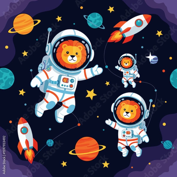 Fototapeta Cute lion astronauts in space, perfect for children's books, textiles, or space-themed projects.