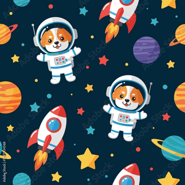 Fototapeta Adorable dog astronauts and rockets seamless pattern for kids' apparel, fabrics, or space-themed projects.