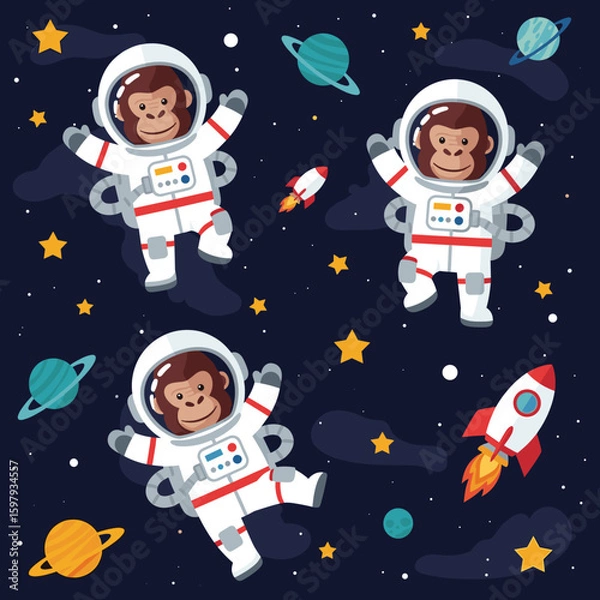 Fototapeta Three cheerful chimpanzee astronauts floating in space, perfect for children's books, textiles, or websites.