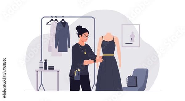 Obraz Dressmaker Inspecting A Stylish Dress On Mannequin At Tailoring Studio