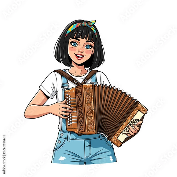 Obraz Cartoon illustration of a smiling young woman with dark hair playing a brown accordion while wearing denim overalls and a colorful headband.