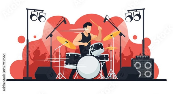 Obraz Drummer Performing Live On Stage With Silhouette Audience And Lighting