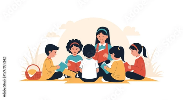 Obraz Educational Storytelling Session With Diverse Children In Nature For Learning