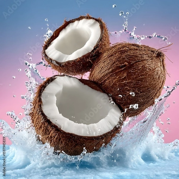 Fototapeta Fresh Coconuts Splashing Water Exploding Against A Pink Blue Gradient Background