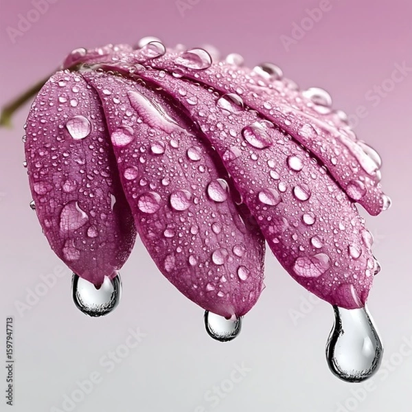 Fototapeta Close-up of a Pink Flower Covered in Dew Drops in Soft Light