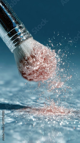 Obraz Close-up of a cosmetic makeup brush with pink glitter powder with shimmer and glitter floating and flying in different directions. Powder explosion effect.